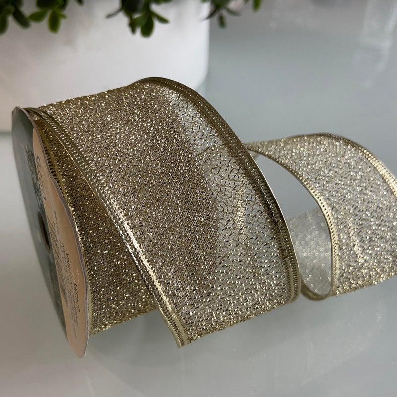 AoneFun Gold Wired Ribbon - Wired for Tree Christmas Tree Wrap Around Mesh Gold Christmas Ribbon for Tree with Wire for Gift Wrapping Holiday 1-1/2" - Image 2